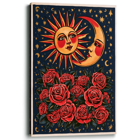 Wallume Store Celestial Sun Moon Roses Canvas Wall Art Bedroom Living Room Decor 30x20 Inch
