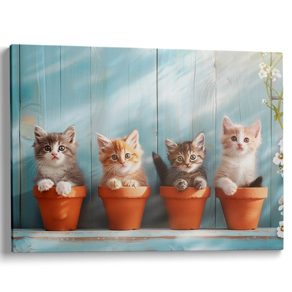 Wallume Store Cute Kittens Pots Rustic Farmhouse Canvas Wall Art Gallery Wrapped for Kids Room 12*8 inch