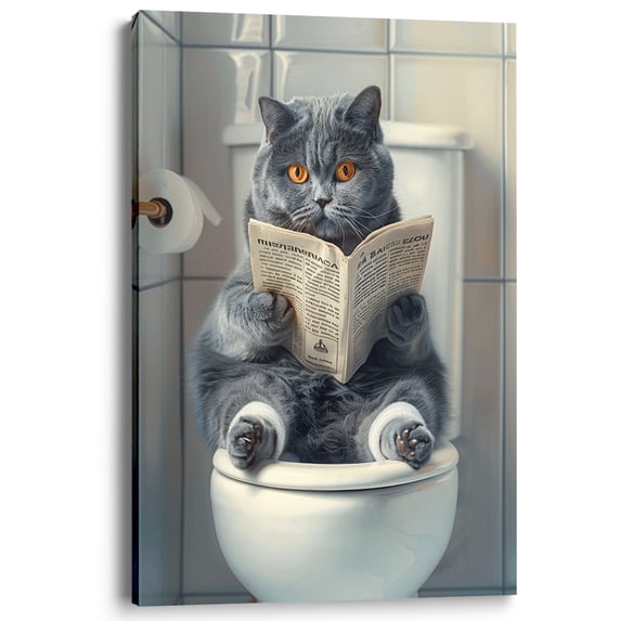Wallume Store Funny Cat on Toilet Reading Newspaper Canvas Wall Art ...