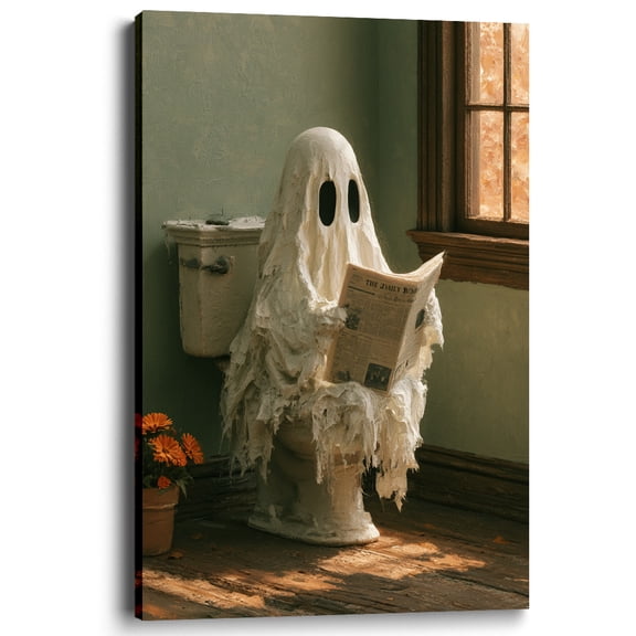 Wallume Store Funny Ghost Reading Newspaper Toilet Halloween Canvas Wall Art Bathroom Restroom Decor 12x8 Inch