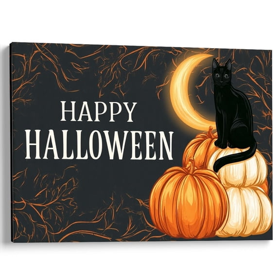 Wallume Store Halloween Black Cat Pumpkin Canvas Wall Art Living Room Decor 12x8 Inch
