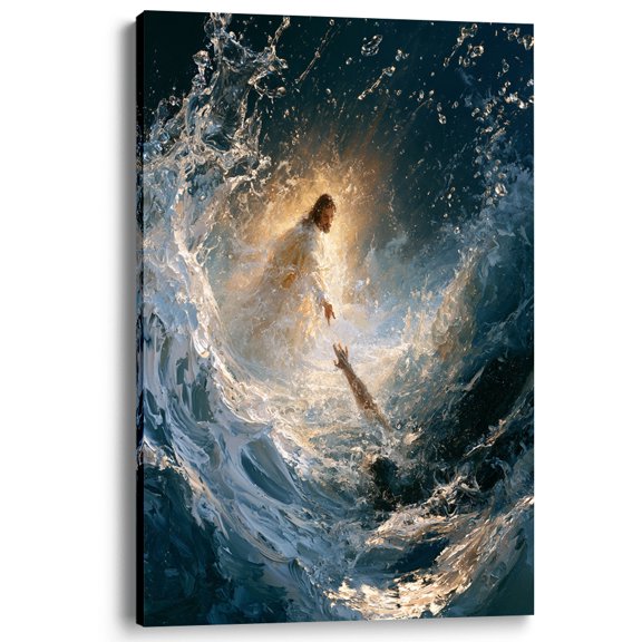 Wallume Store Jesus Reaching Into Water Canvas Wall Art Christ Ocean Wave decor for Living Room 12x8 inch