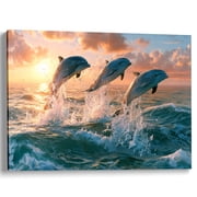 Wallume Store Jumping Dolphins Sunset Ocean Canvas Wall Art Bathroom Decor 12x8 Inch