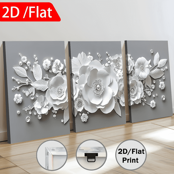 Wallume Store Luxury Silver-Gray 2D-Effect White Floral & Crystal 3-Piece Canvas Decor for Living Room Wall Art
