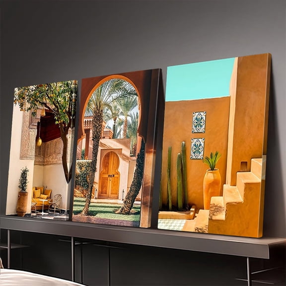 Wallume Store Moroccan Style Courtyard 3-Piece Canvas Wall Art - Luxury Exotic Living Room Decor