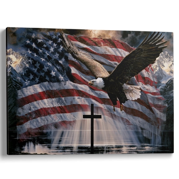 Wallume Store Patriotic American Flag Eagle Cross Canvas Wall Art Decor 12x8 Inch