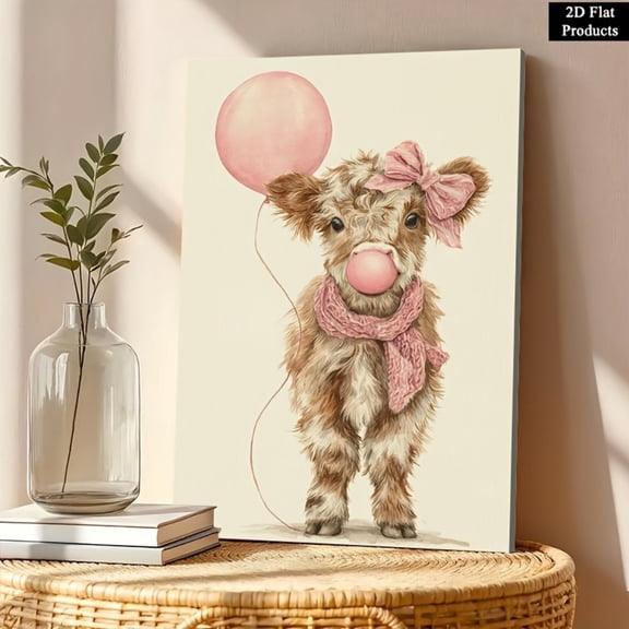 Wallume Store Pink Accent Baby Cow Canvas Wall Art - Affordable Cheerful Home Decor