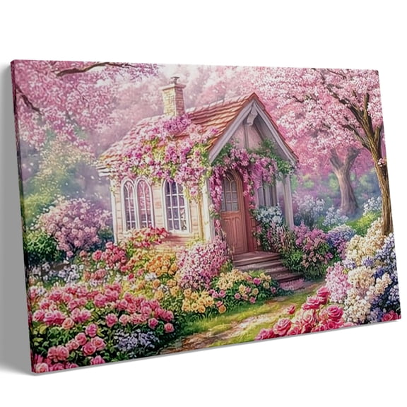 Wallume Store Pink Cherry Blossom Fairy Cottage Canvas Art - Romantic Ambience Home Decor 12x8 inch