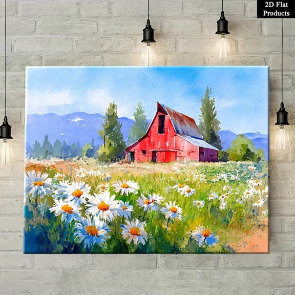 Wallume Store Red Barn Daisy Meadow Canvas Wall Art - Affordable Stylish Rustic Home Decor