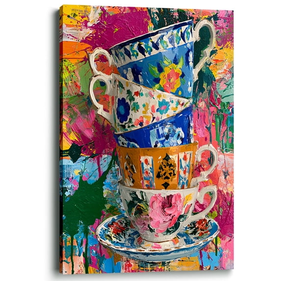 Wallume Store Stacked Teacups Floral Pop Art Canvas Wall Art Kitchen ...