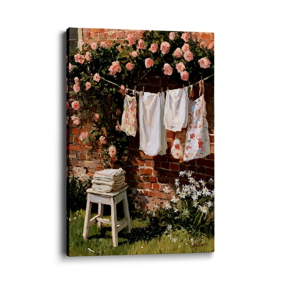 Wallume Store Vintage Rustic Rose Garden Clothesline Canvas Art Gallery Wrapped - Living Room 12*8 inch