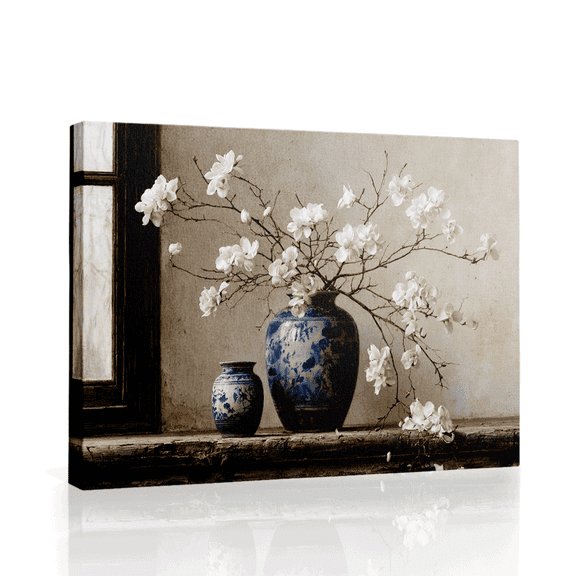 Wallume Store White Magnolia Vase Vintage Still Life Canvas Wall Art Gallery Wrapped for Living Room 12*8 inch
