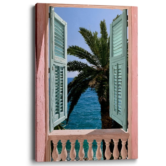Wallume Store Window Ocean Palm Tree Tropical Coastal Canvas Wall Art Gallery Wrapped for Master Bedroom 12*8 inch