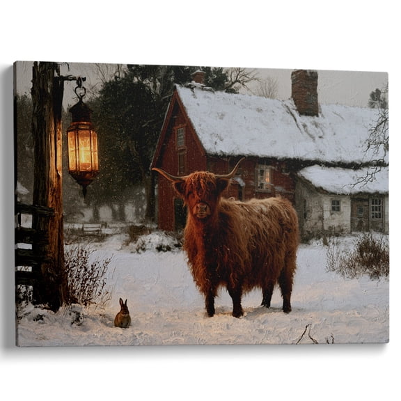 Wallume Store Winter Highland Cow Barn Canvas Wall Art Farmhouse Living Room Decor Ready to Hang 12x8 inch