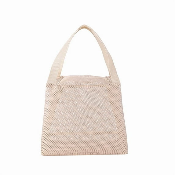 Walma!S Women's Mesh Beach Bag Foldable Beach Tote Bag Portable Large Capacity Breathable Handbag Handheld Makeup Bag, Off-white