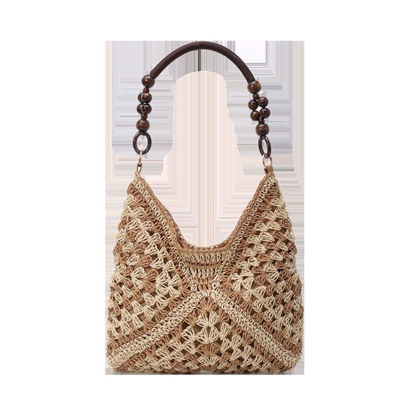 Walma90s Women's Openwork Woven Handbag Large Capacity Straw Shoulder Bag Vacation Beach Commuter Tote Bag,Off-white with khaki