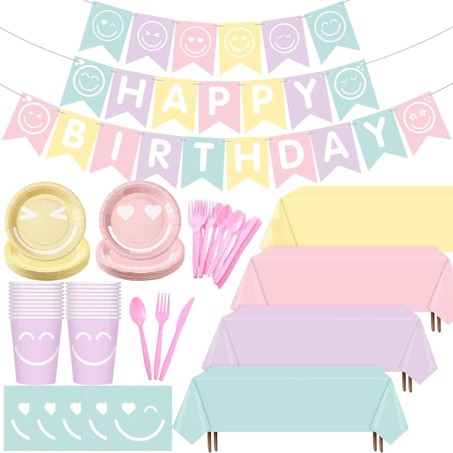 Walmart Birthday Party Decoration Supplies Set - Macaron Color Scheme Smiley Theme Bunting, Plates, Cutlery & Tablecloths Combo (for Birthday Party Decoration)