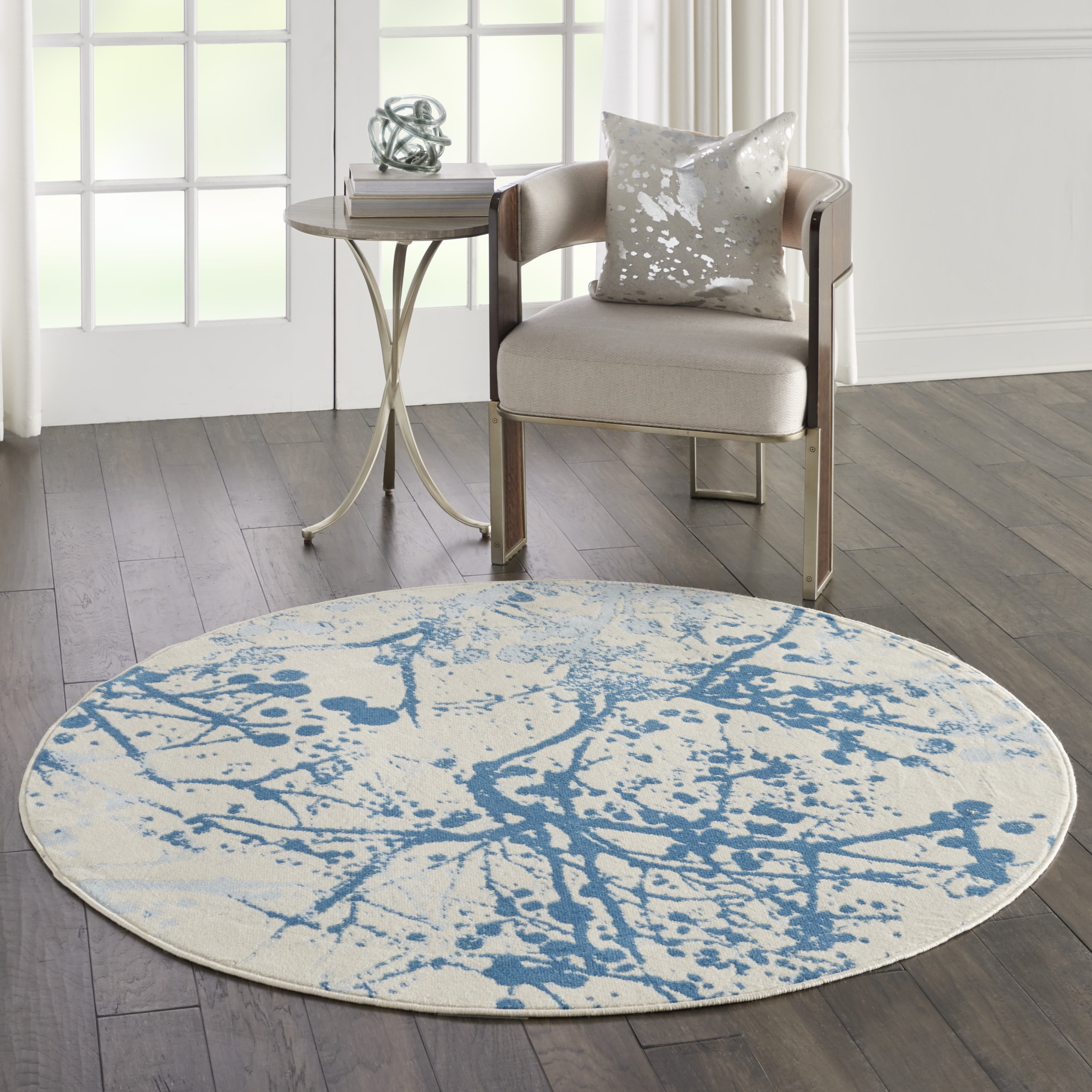 Walmart Bliss Modern Botanical Ivory/Blue 5'3" x Round Area Rug, (5' Round)