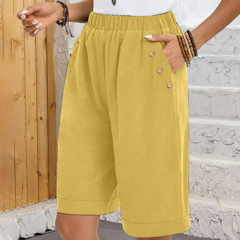 Walmart Deals for Today Comfy Shorts for Women Loose Fit Elastic Waist Knee Length Shorts Wide Leg Cotton Linen Pants Solid Color High Waist Trousers Daily Wear Casual Pants Trousers Pants My