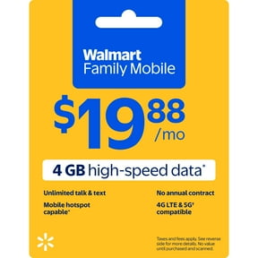 Walmart Family Mobile Unlimited Talk & Text Monthly Prepaid Plan (4 GB data at High Speed, then 2G*) Direct Top Up