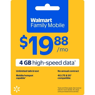 Walmart Family Mobile Unlimited Talk & Text Monthly Prepaid Plan (4 GB data at High Speed, then 2G*) Direct Top Up