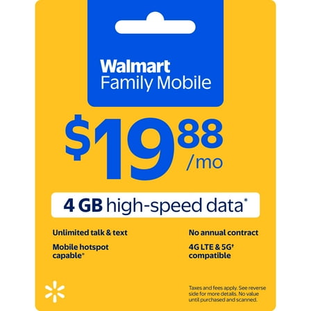 Walmart Family Mobile Unlimited Talk & Text Monthly Prepaid Plan (4 GB data at High Speed, then 2G*) e-PIN Top Up (Email Delivery)
