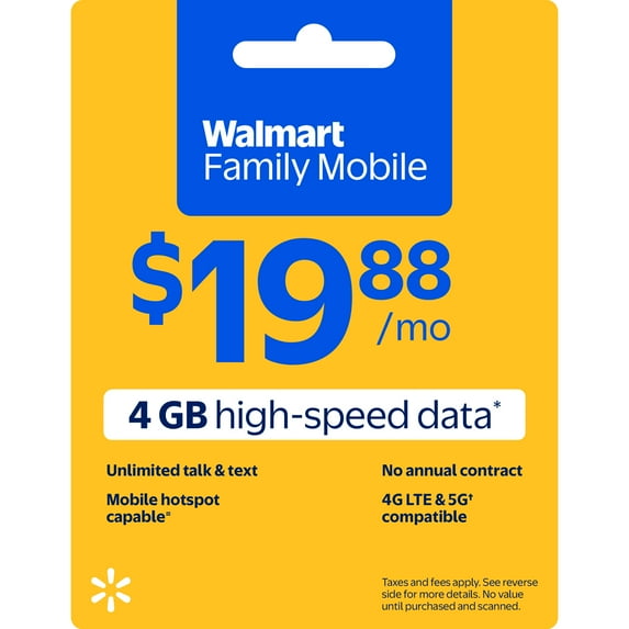 Walmart Family Mobile Unlimited Talk & Text Monthly Prepaid Plan (4 GB data at High Speed, then 2G*) e-PIN Top Up (Email Delivery)