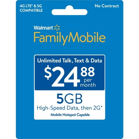 Walmart Family Mobile $24.88 Unlimited Monthly Prepaid Plan (5GB at High Speed, then 2G) Direct Top Up