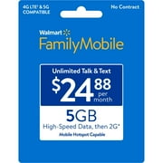 Walmart Family Mobile $24.88 Unlimited Talk & Text Monthly Prepaid Plan (5GB at High Speed, then 2G*) Direct Top Up