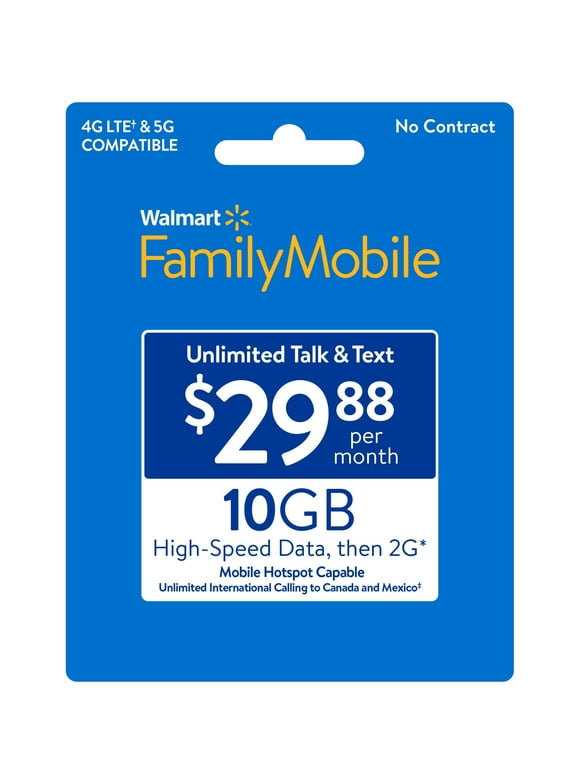 Walmart Family Mobile $29.88 Unlimited Talk & Text Monthly Prepaid Plan (10GB at High Speed, then 2G*) Direct Top Up