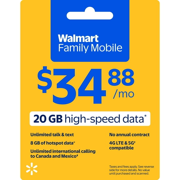 Walmart Family Mobile Unlimited Talk & Text Monthly Prepaid Plan (20 GB at High Speed, then 2G*) e-PIN Top Up (Email Delivery)