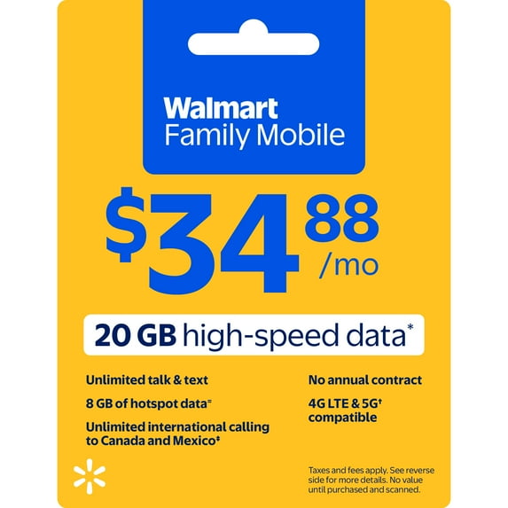Walmart Family Mobile Unlimited Talk & Text Monthly Prepaid Plan (20 GB at High Speed, then 2G*) e-PIN Top Up (Email Delivery)