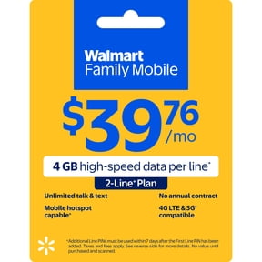 Walmart Family Mobile $39.76 Unlimited Talk & Text 2-Line Monthly Prepaid Plan (4 GB data at High Speed, then 2G*) e-PIN Top Up (Email Delivery)