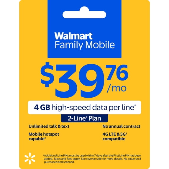 Walmart Family Mobile $39.76 Unlimited Talk & Text 2-Line Monthly Prepaid Plan (4 GB data at High Speed, then 2G*) e-PIN Top Up (Email Delivery)
