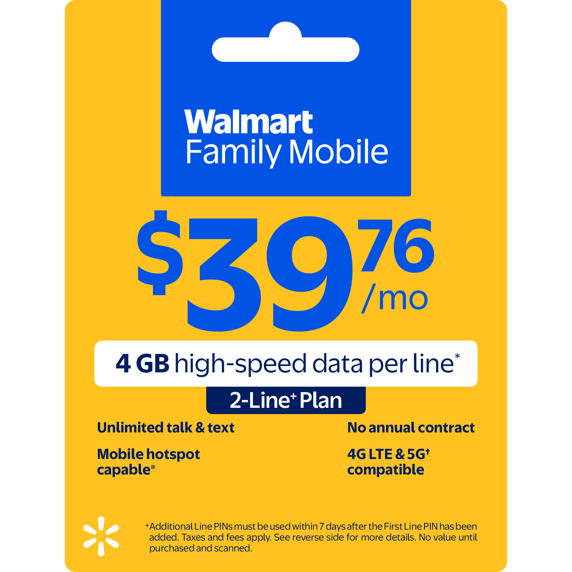Walmart Family Mobile $39.76 Unlimited Talk & Text 2-Line Monthly Prepaid Plan (4 GB data at High Speed, then 2G*) e-PIN Top Up (Email Delivery)