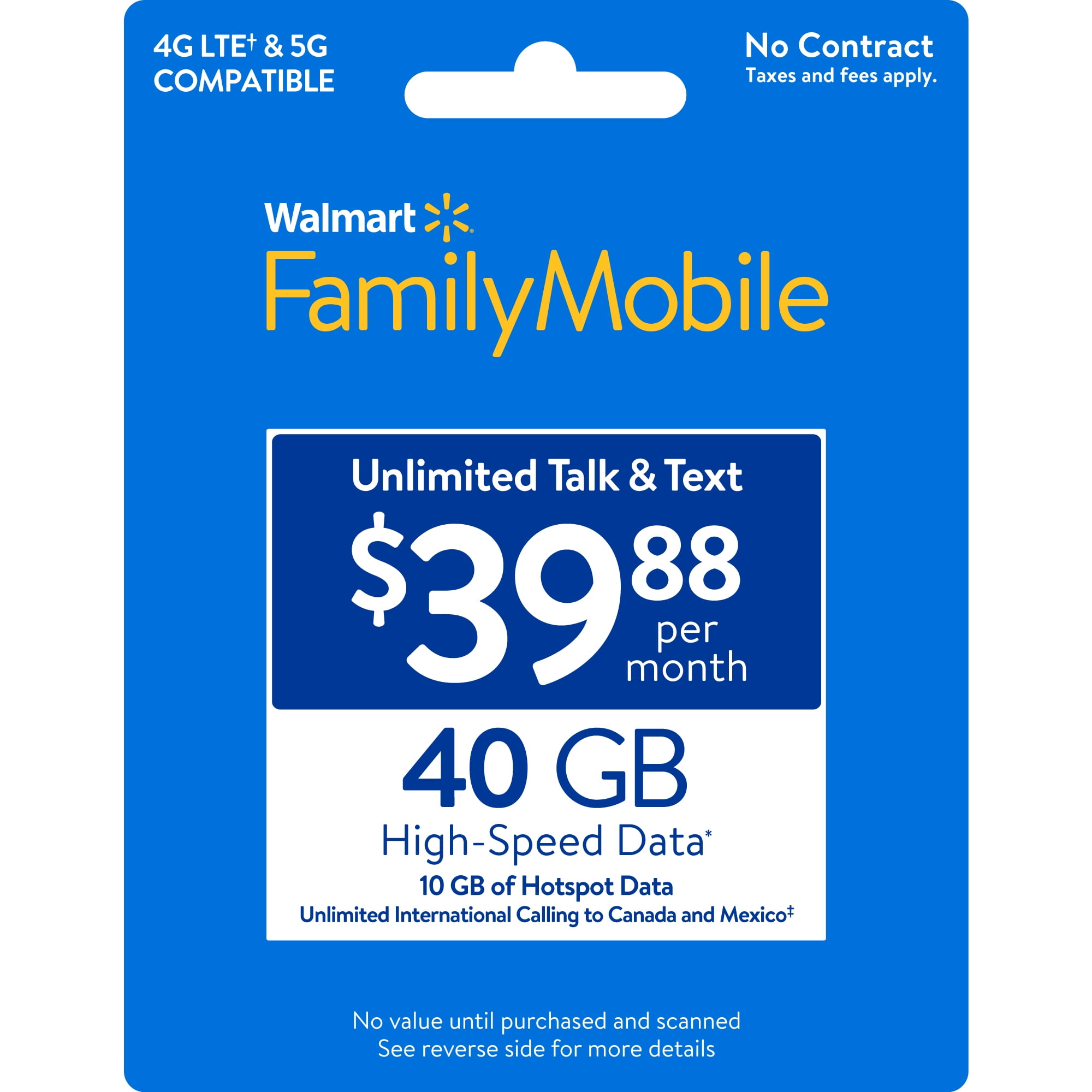 Walmart Family Mobile $39.88 Unlimited Talk & Text Monthly Prepaid Plan (40GB at High Speed, then 2G) with 10GB Mobile Hotspot e-PIN Top Up (Email Delivery)