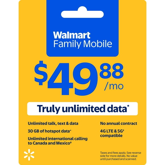 Walmart Family Mobile Unlimited Monthly Prepaid Plan + 30GB of Mobile Hotspot Direct Top Up