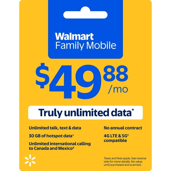 Walmart Family Mobile Unlimited Monthly Prepaid Plan   30GB of Mobile Hotspot e-PIN Top Up (Email Delivery)
