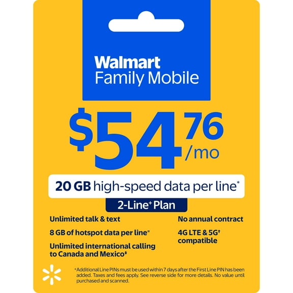 Walmart Family Mobile $54.76 Unlimited Talk & Text 2-Line Monthly Prepaid Plan (20 GB at High Speed, then 2G*) e-PIN Top Up (Email Delivery)