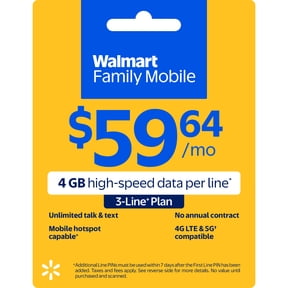 Walmart Family Mobile $59.64 Unlimited Talk & Text 3-Line Monthly Prepaid Plan (4 GB data at High Speed, then 2G*) e-PIN Top Up (Email Delivery)