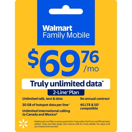 Walmart Family Mobile Unlimited 2-line Plan w 30GB of Mobile Hotspot per line e-PIN Top Up (Email Delivery)