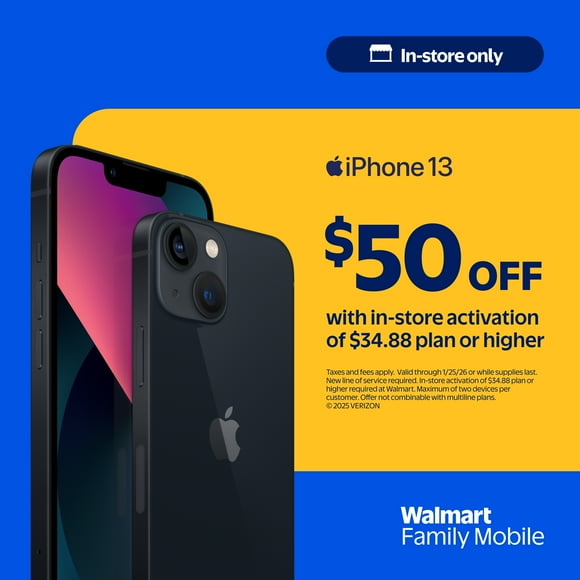 Walmart Family Mobile Apple iPhone 13, 128GB, 5G, Midnight - Prepaid Smartphone [Locked to Walmart Family Mobile]