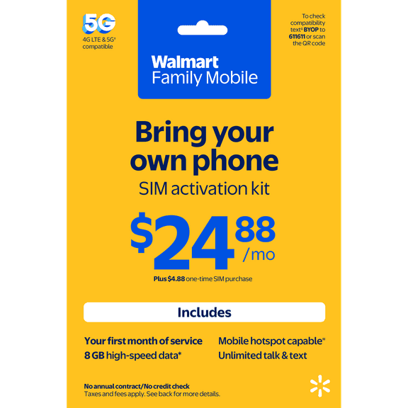 Walmart Family Mobile Bring Your Own Phone Sim Kit, $24.88 Airtime Included - Prepaid Smartphone
