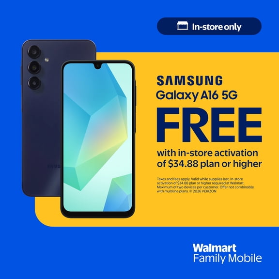 Walmart Family Mobile Samsung Galaxy A16, 128GB, 5G, Black - Prepaid Smartphone [Locked to Walmart Famliy Mobile]