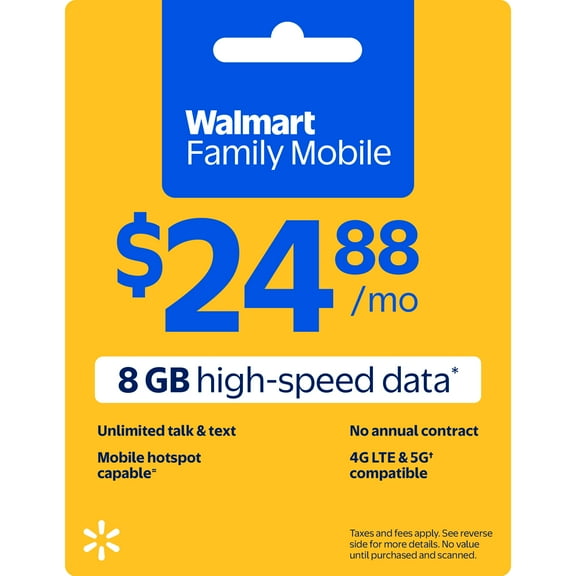 Walmart Family Mobile Unlimited Talk & Text Monthly Prepaid Plan (8 GB at High Speed, then 2G*) e-PIN Top Up (Email Delivery)
