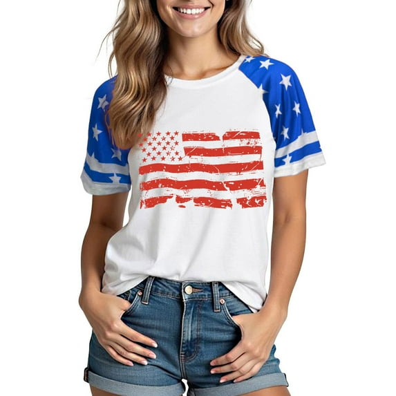 Xdegoge 4Th of July Shirts for Women Patriotic Usa Tops Short Sleeve Raglan American Flag T Shirt Summer Crew Neck Blouses Casual Graphic Tee