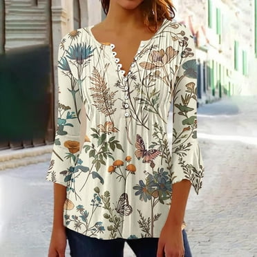 Walmart Prime Day Deals Womens Summer Tops with Sleeves White Lace Long Sleeve Top Button Down V Neck 3/4 Sleeve Blouses Tops Floral Print Blouses Graphic Tops Cyber and Monday My Orders Delivery