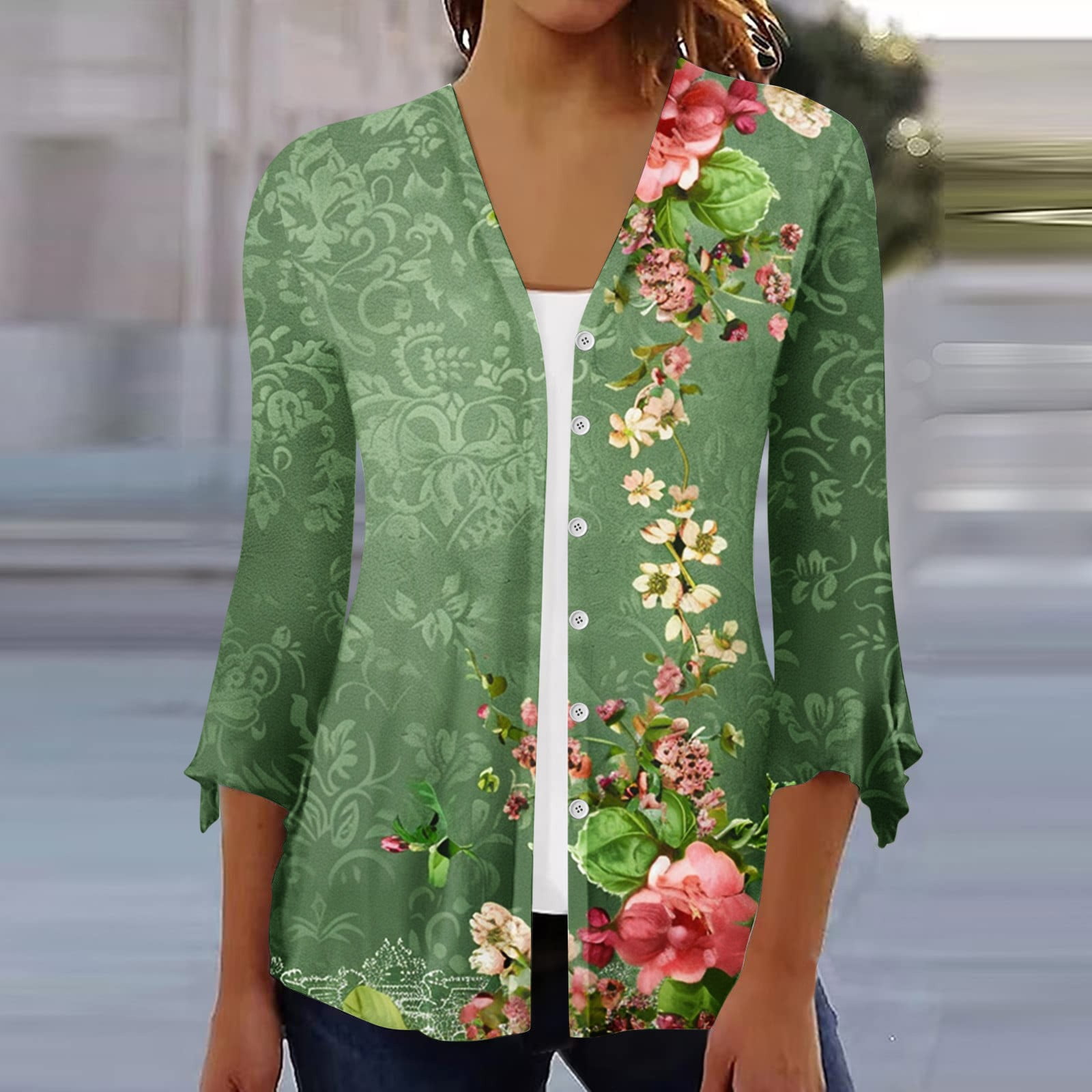 Walmart Prime Day Womens Summer Tops Casual Print 3/4 Sleeve Cardigan V