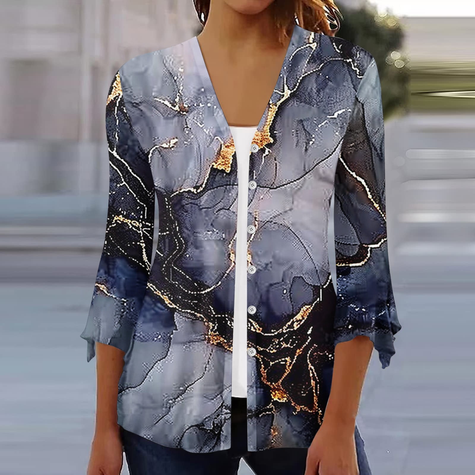 Walmart Prime Day Womens Summer Tops Casual Print 3/4 Sleeve Cardigan V