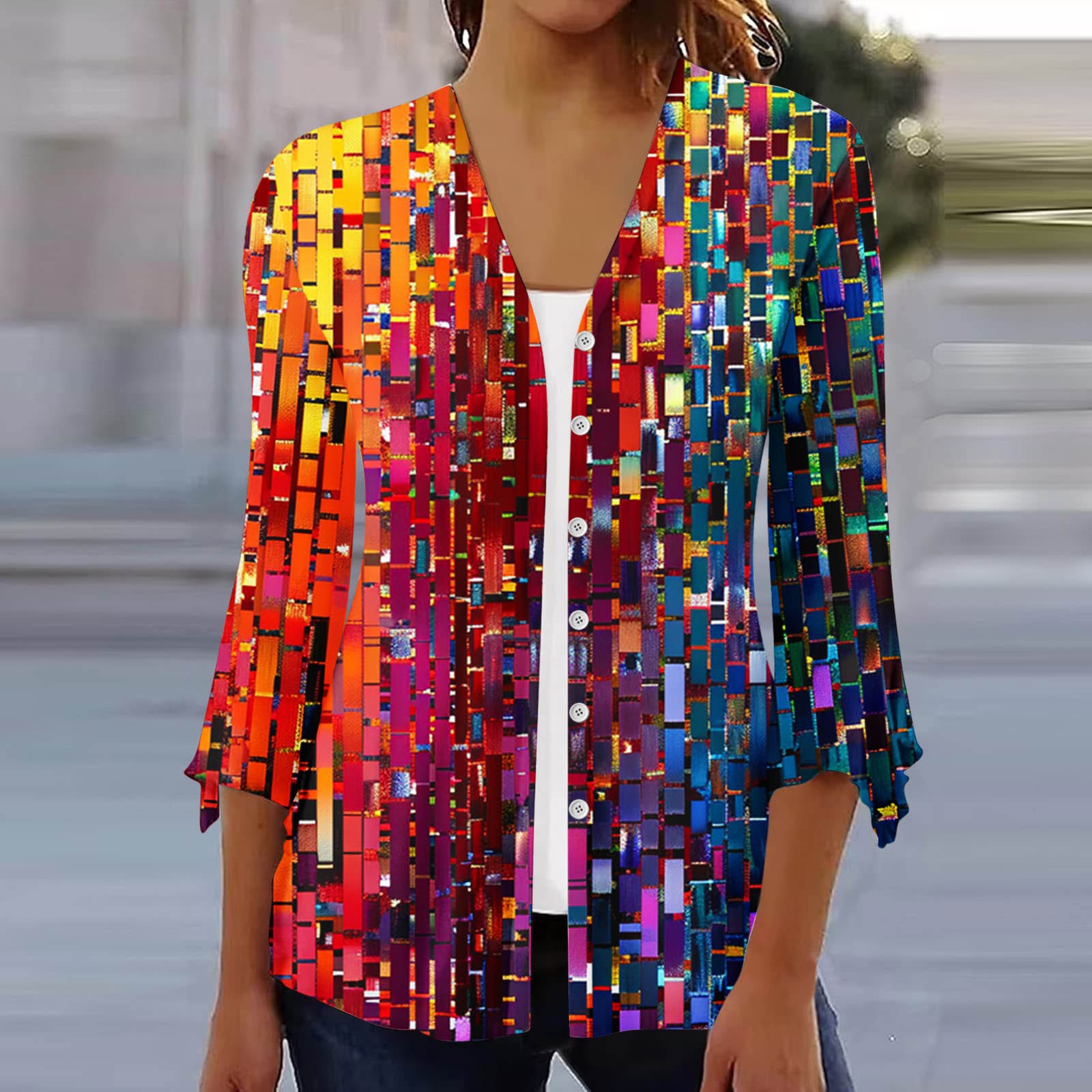 Walmart Prime Day Womens Summer Tops Casual Print 3/4 Sleeve Cardigan V